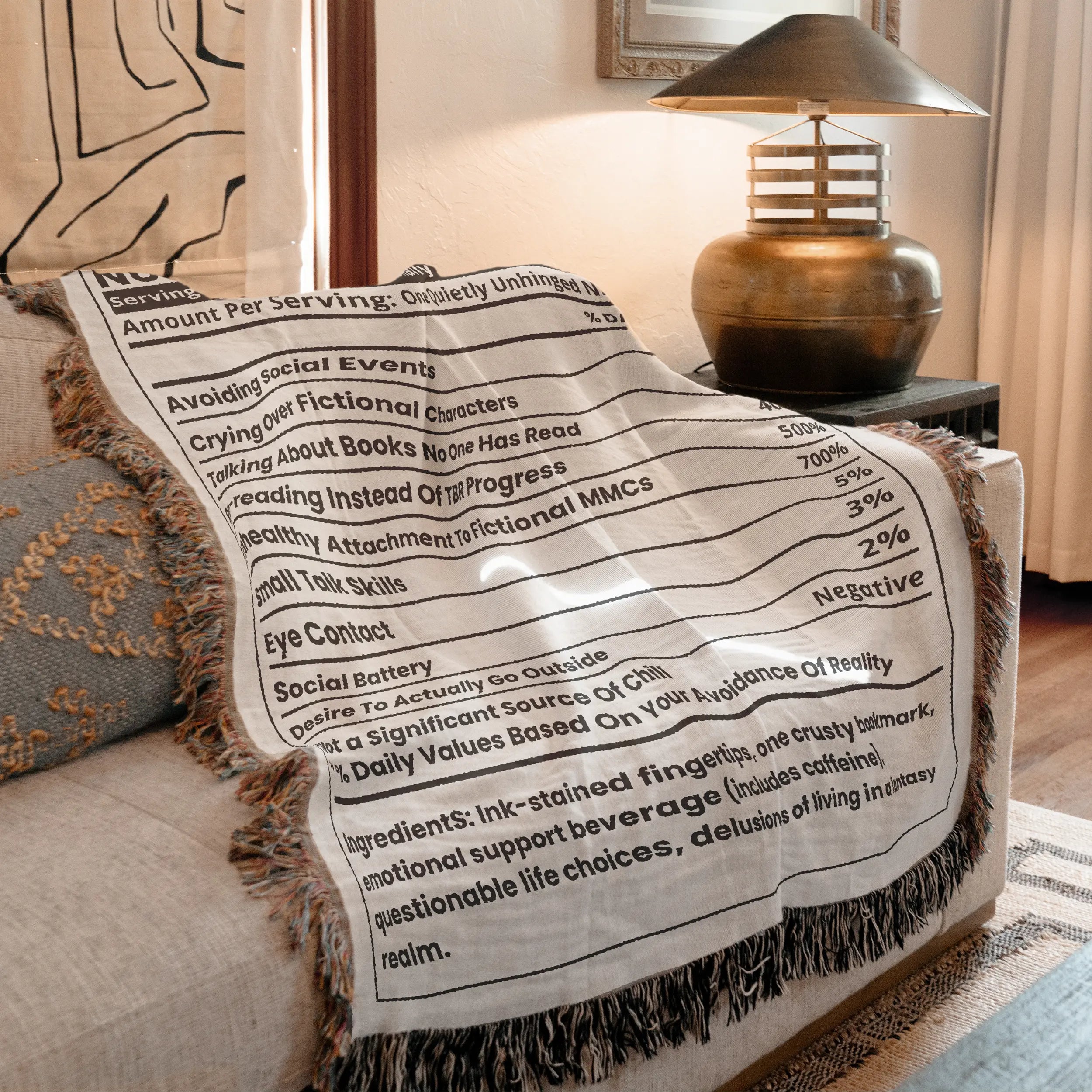 Book Blanket Booktrovert Nutrition Facts Label – Humorous Woven Throw for Readers Printify