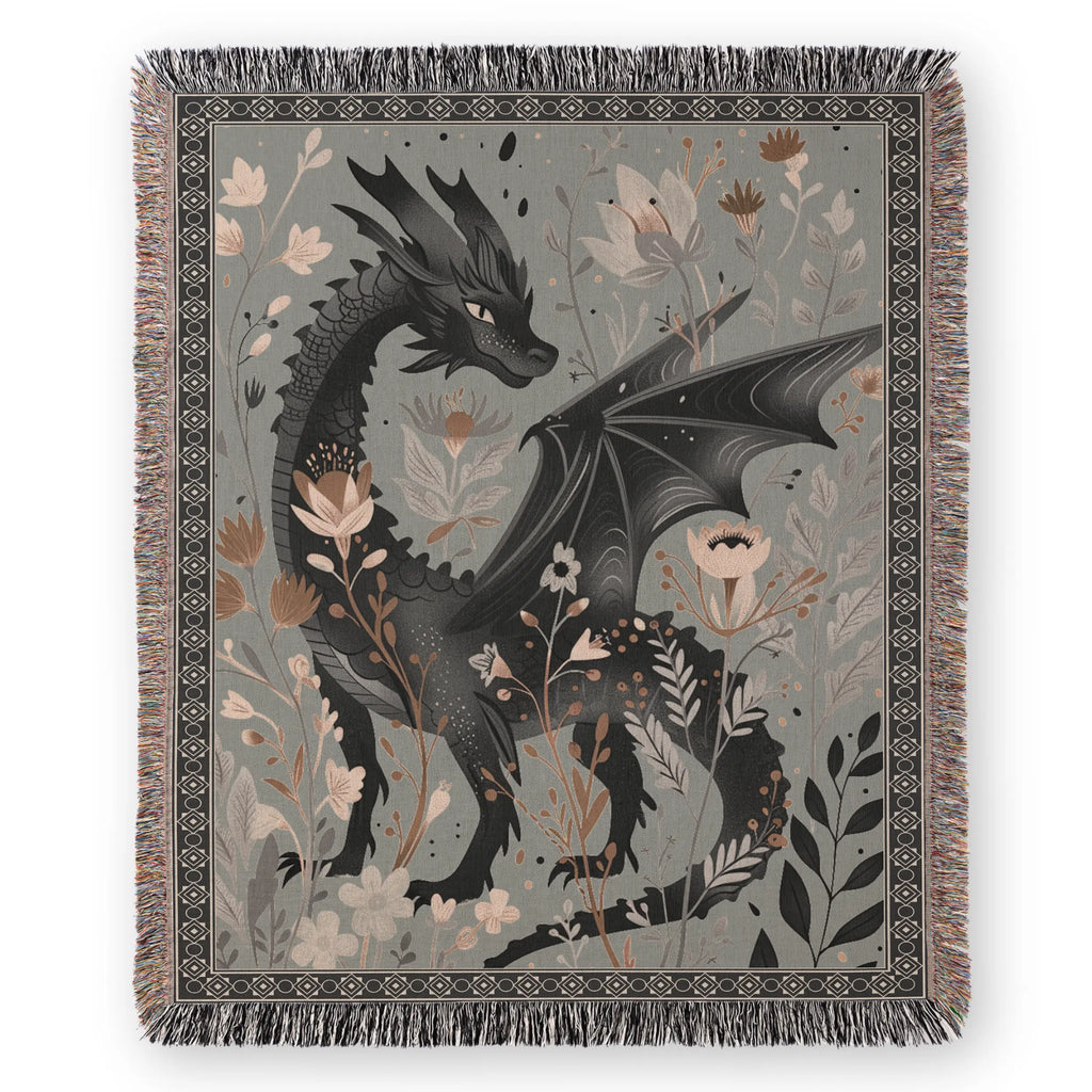 Floral Dragon Blanket — Enchanted Botanical Folk-Art Woven Throw Printify