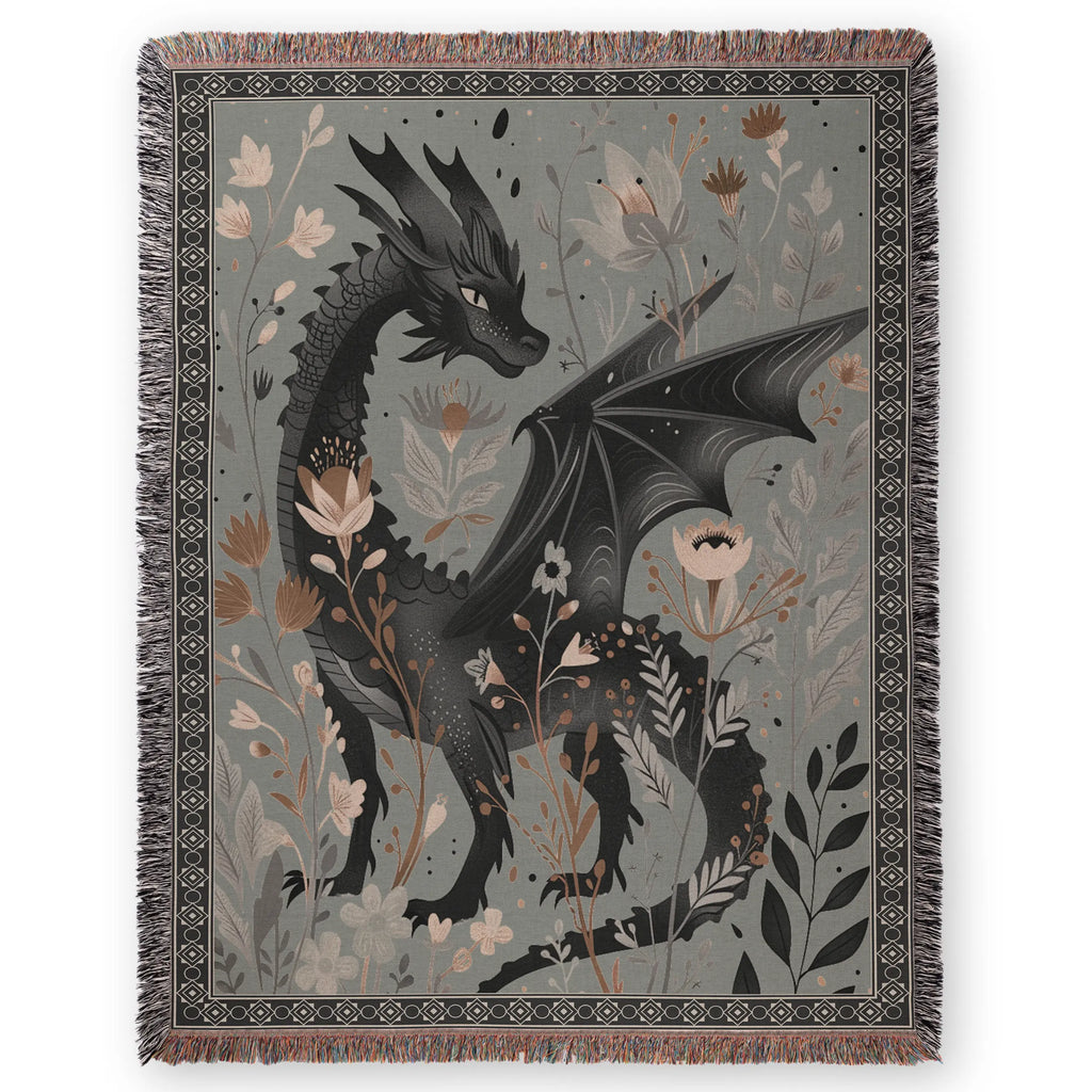 Floral Dragon Blanket — Enchanted Botanical Folk-Art Woven Throw Printify