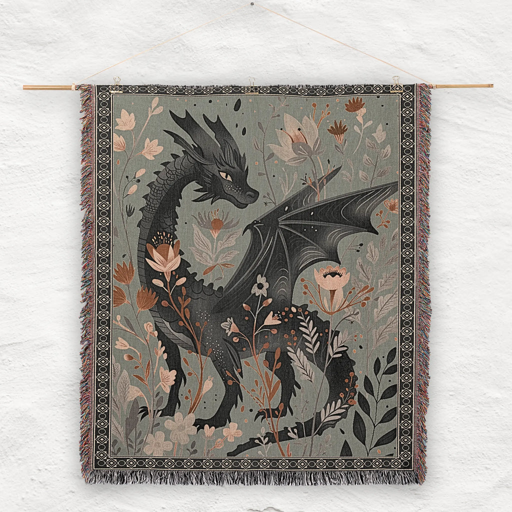 Floral Dragon Blanket — Enchanted Botanical Folk-Art Woven Throw Printify