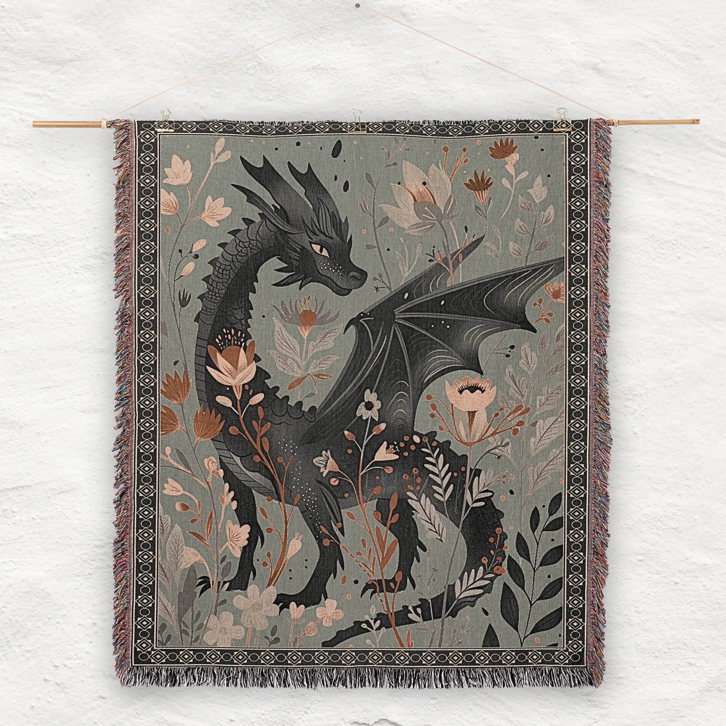 Floral Dragon Blanket — Enchanted Botanical Folk-Art Woven Throw Printify