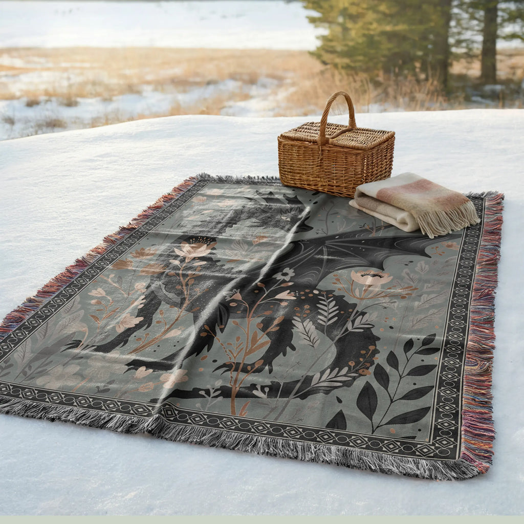 Floral Dragon Blanket — Enchanted Botanical Folk-Art Woven Throw Printify