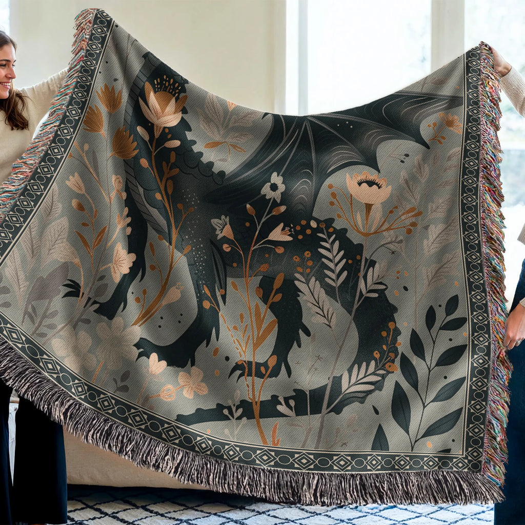 Floral Dragon Blanket — Enchanted Botanical Folk-Art Woven Throw Printify