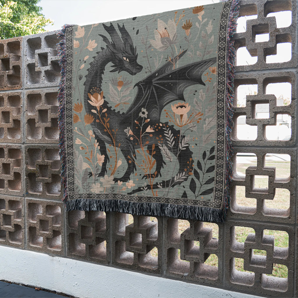 Floral Dragon Blanket — Enchanted Botanical Folk-Art Woven Throw Printify