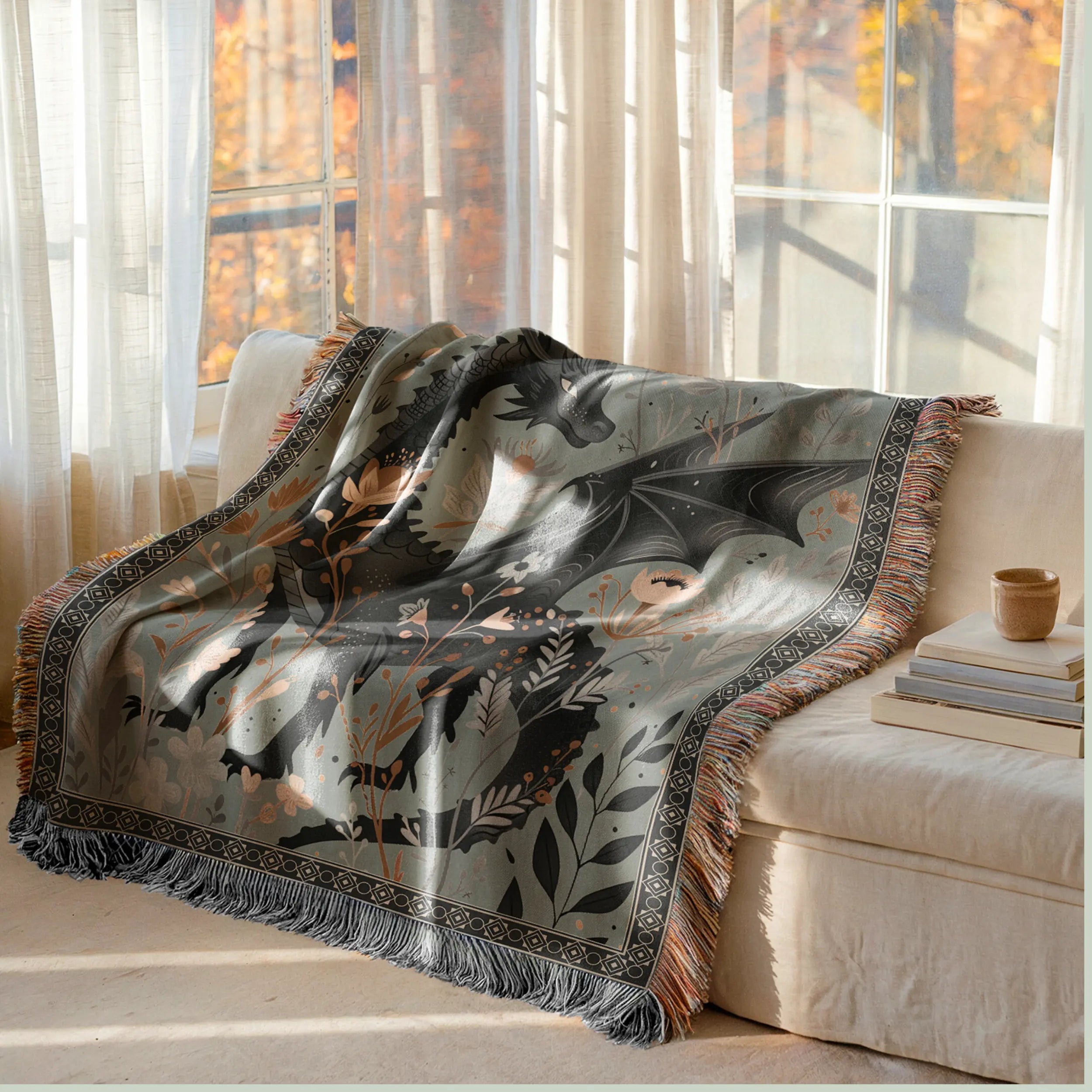 Floral Dragon Blanket — Enchanted Botanical Folk-Art Woven Throw Printify