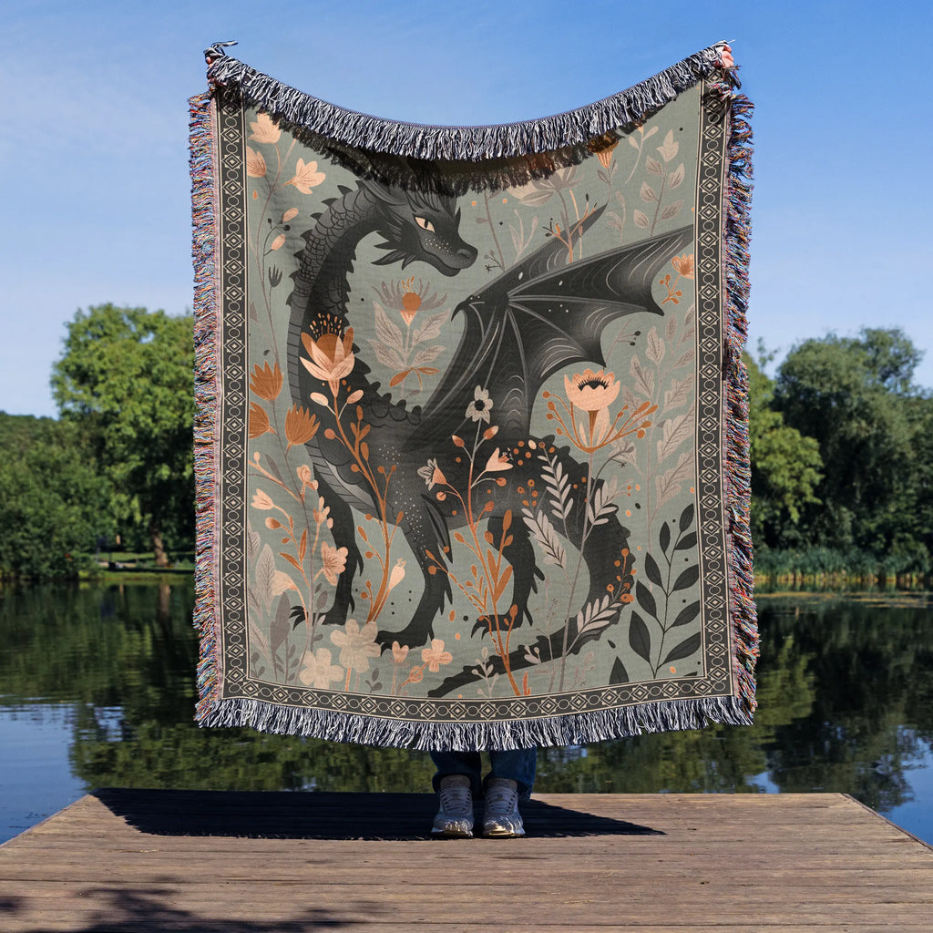 Floral Dragon Blanket — Enchanted Botanical Folk-Art Woven Throw Printify