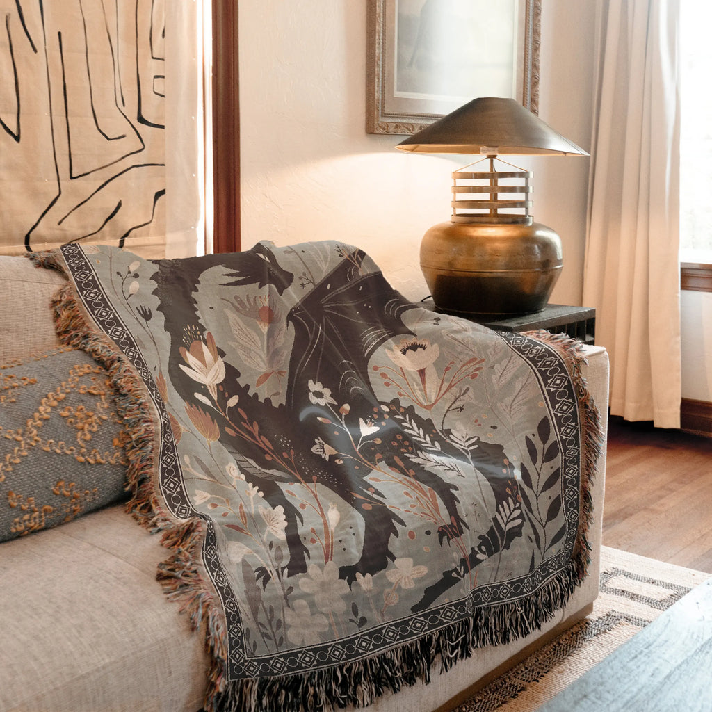 Floral Dragon Blanket — Enchanted Botanical Folk-Art Woven Throw Printify