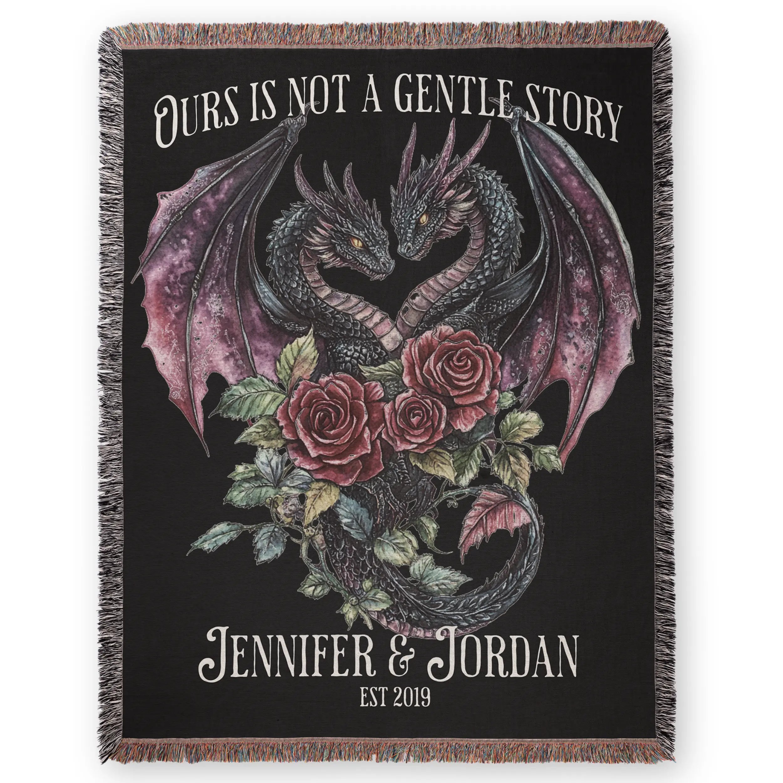 Personalized Dark Romantic Woven Dragon Blanket for Couples – Names and Date Printify