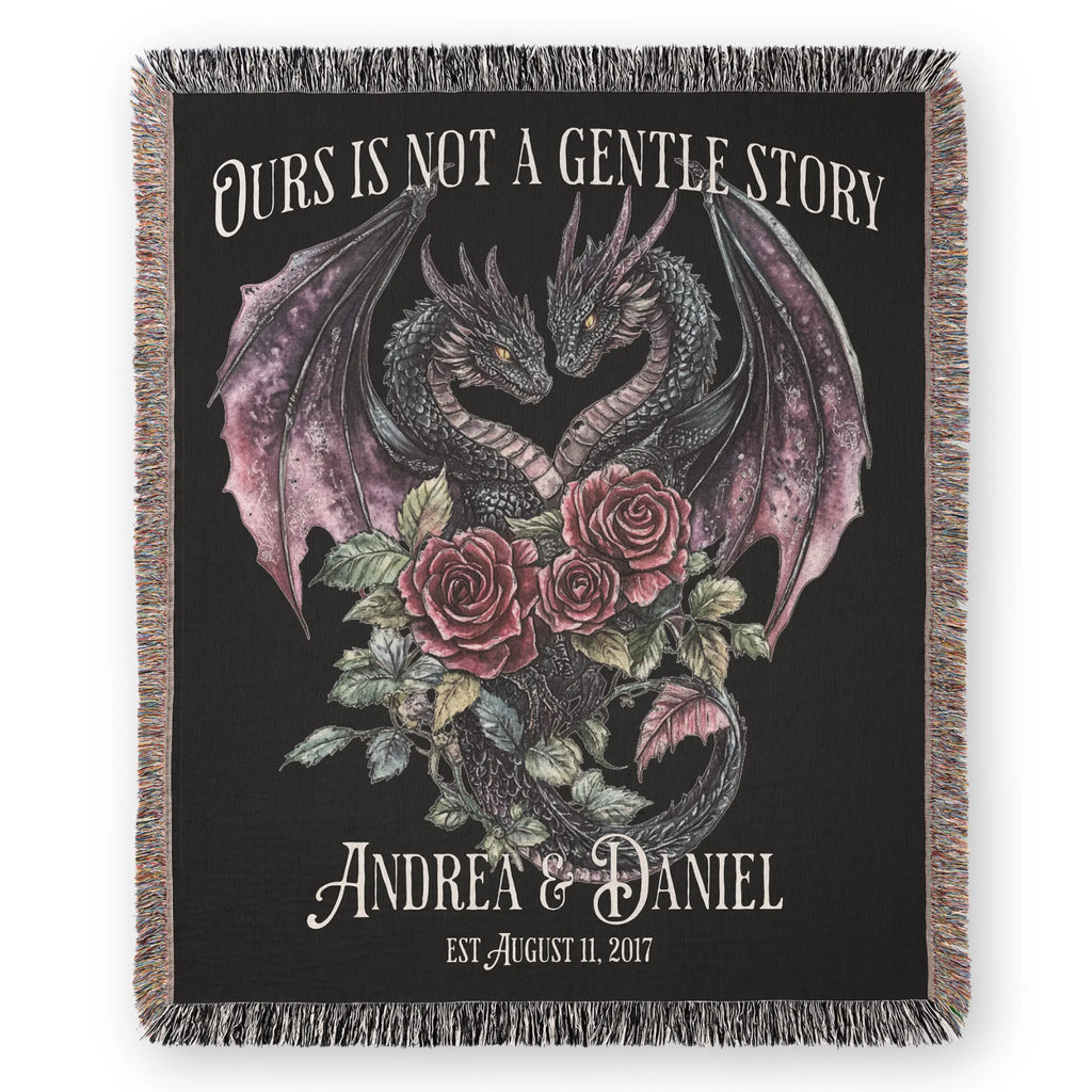 Personalized Dark Romantic Woven Dragon Blanket for Couples – Names and Date Printify