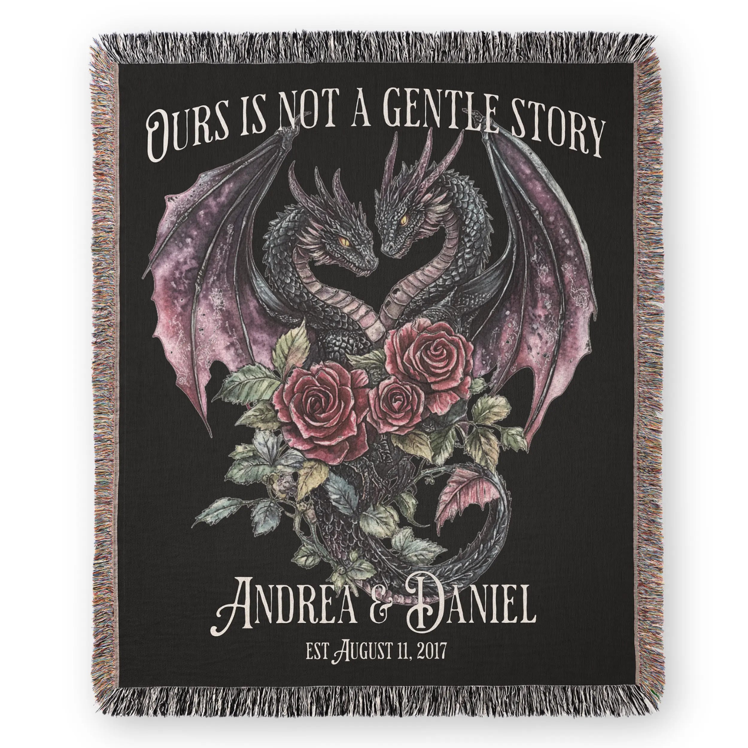 Personalized Dark Romantic Woven Dragon Blanket for Couples – Names and Date Printify