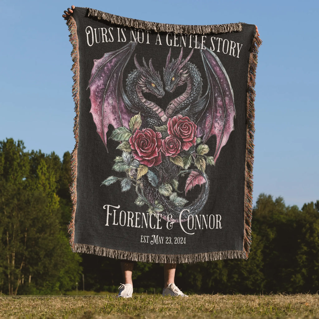 Personalized Dark Romantic Woven Dragon Blanket for Couples – Names and Date Printify