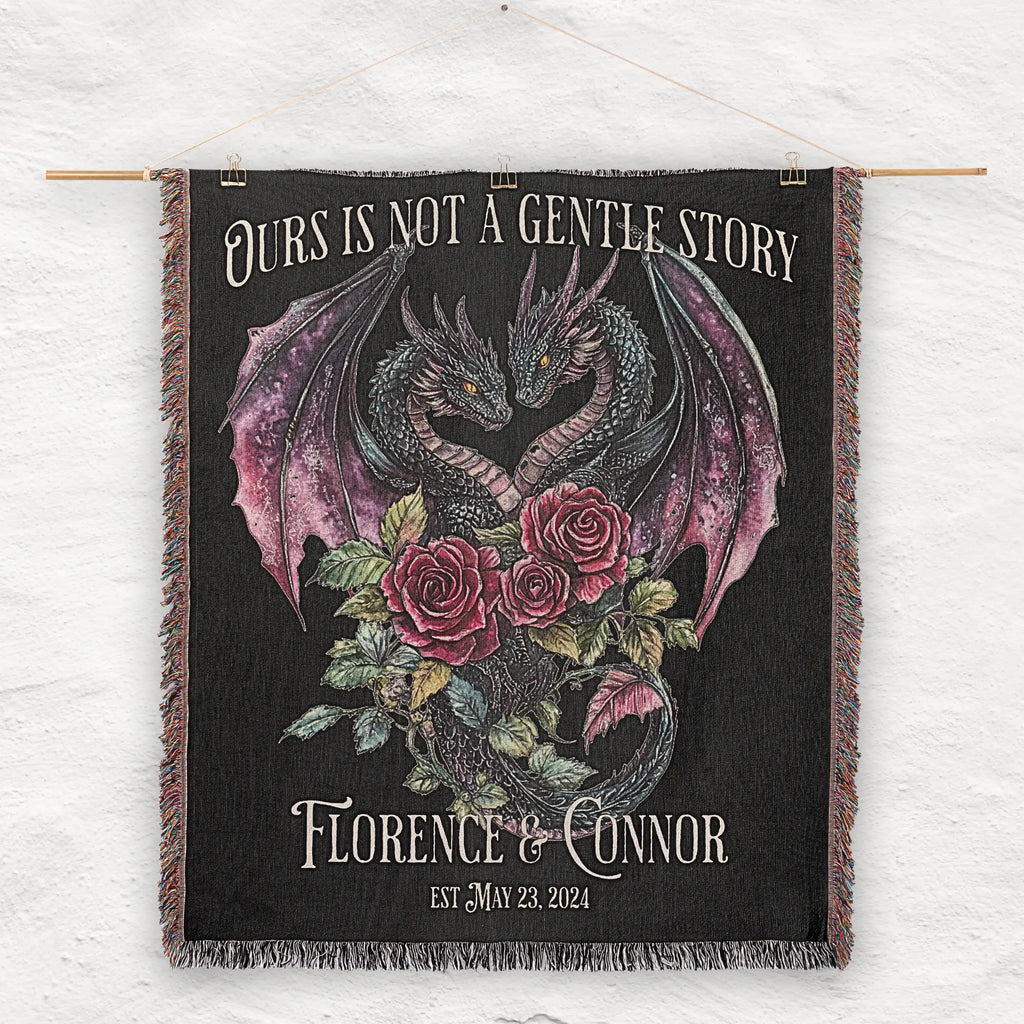 Personalized Dark Romantic Woven Dragon Blanket for Couples – Names and Date Printify