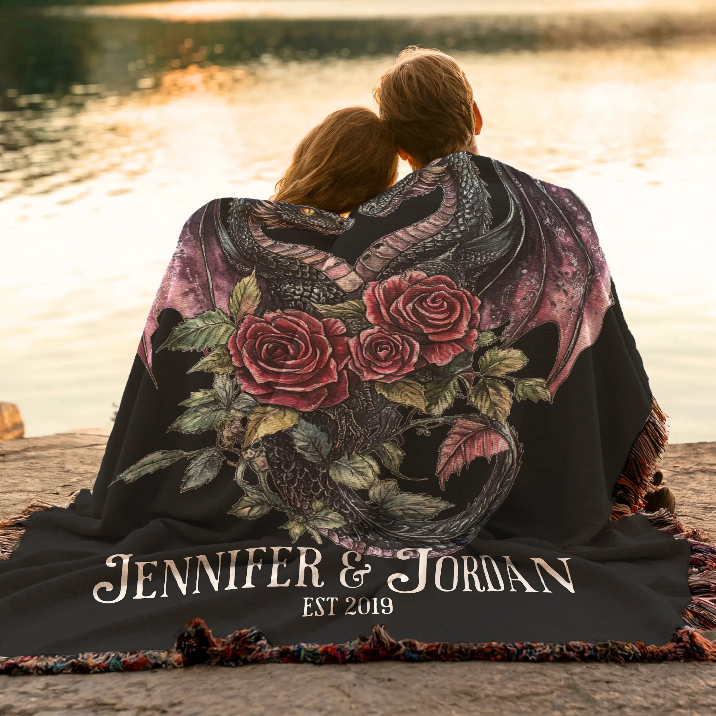 Personalized Dark Romantic Woven Dragon Blanket for Couples – Names and Date Printify