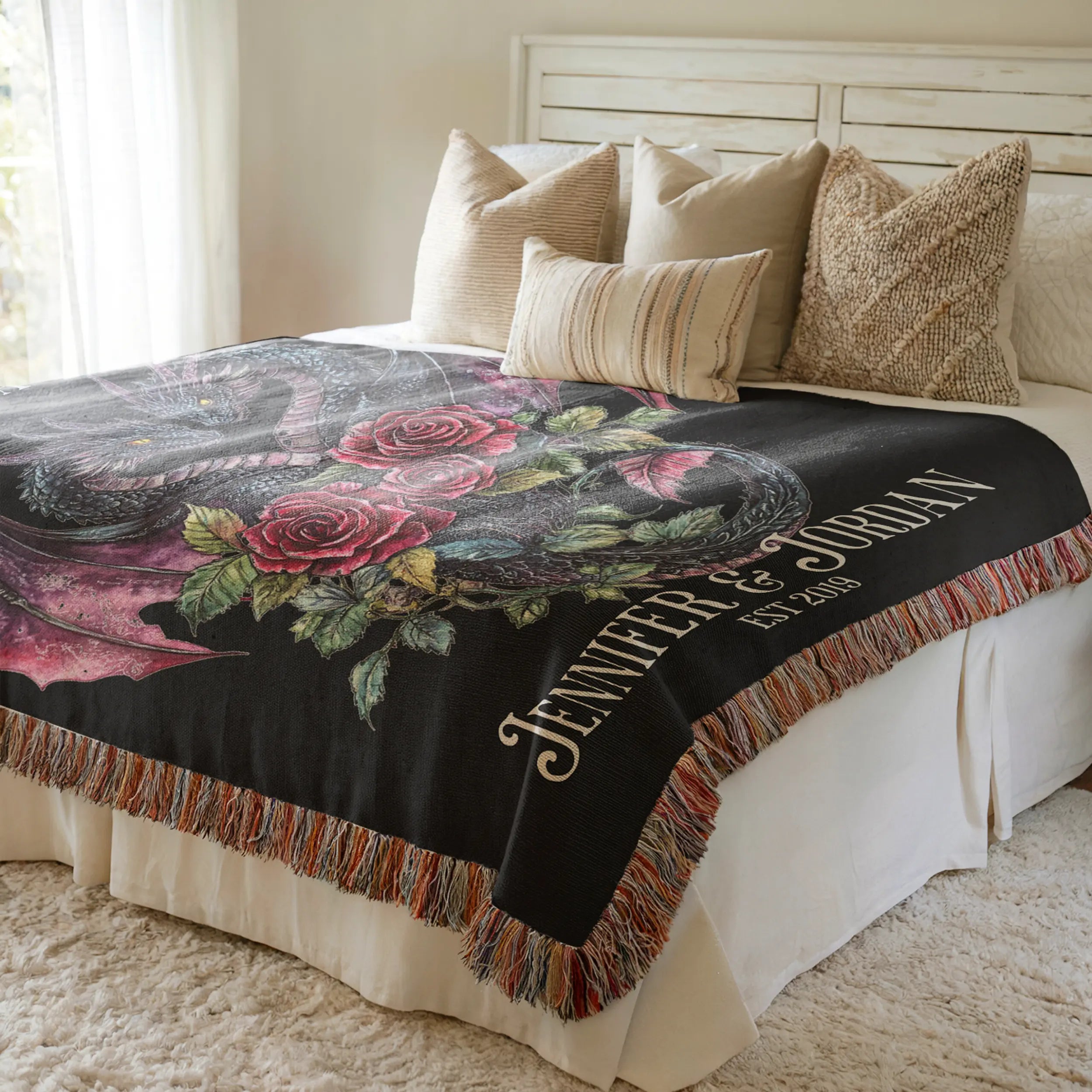 Personalized Dark Romantic Woven Dragon Blanket for Couples – Names and Date Printify