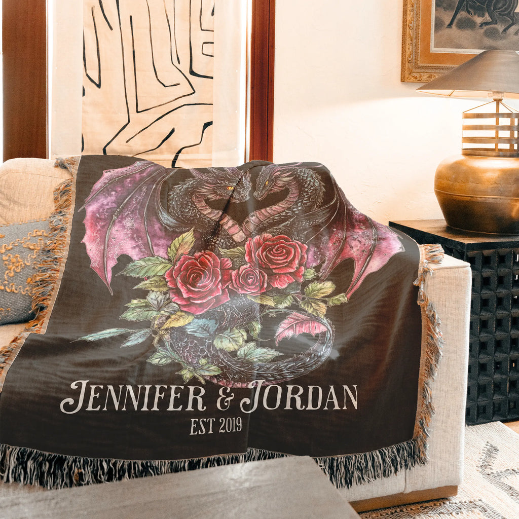 Personalized Dark Romantic Woven Dragon Blanket for Couples – Names and Date Printify