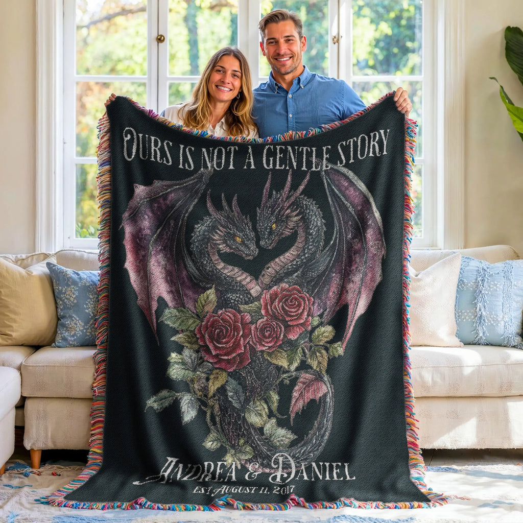 Personalized Dark Romantic Woven Dragon Blanket for Couples – Names and Date Printify