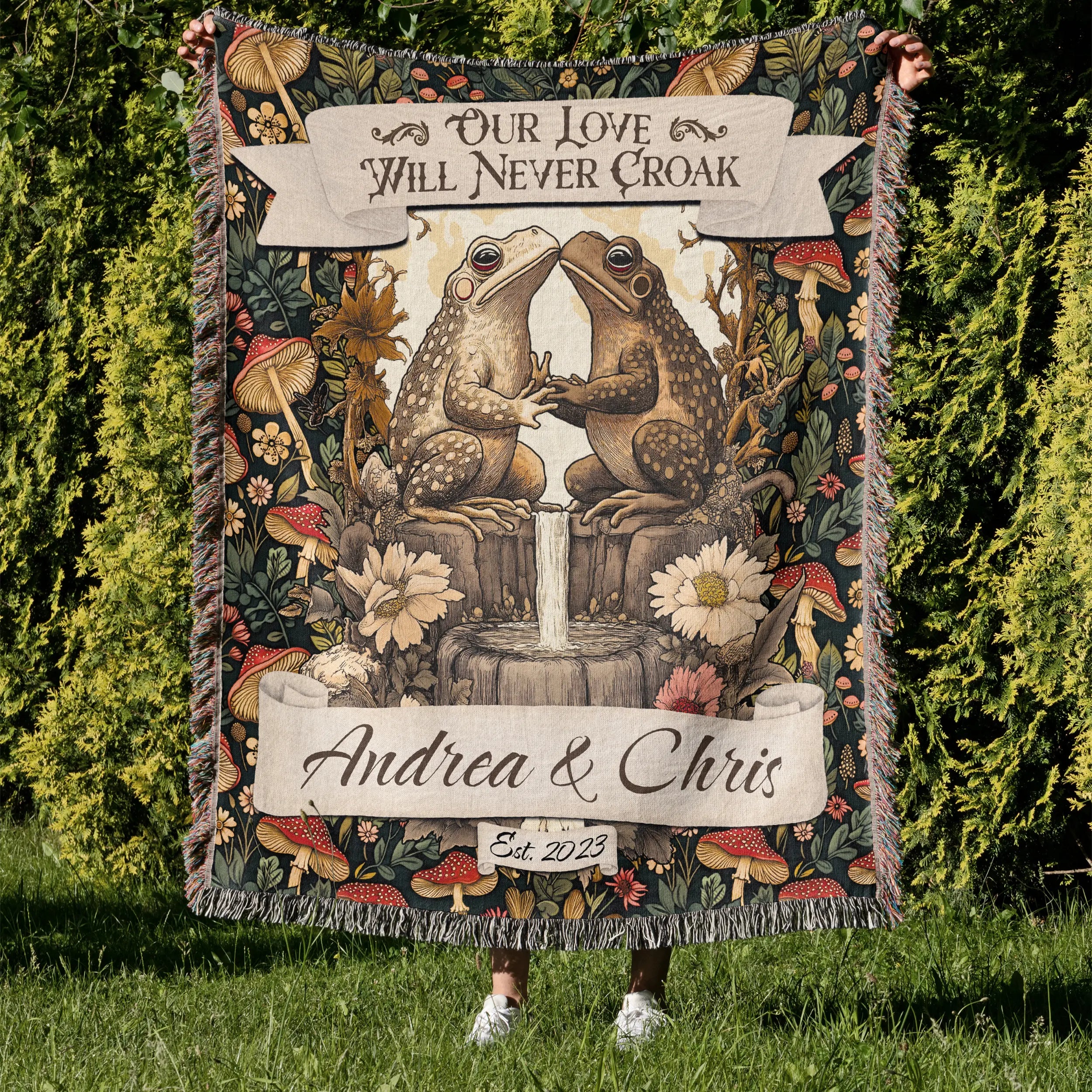 Woven Toad Blanket – Personalized Cottagecore Throw for Couples Printify
