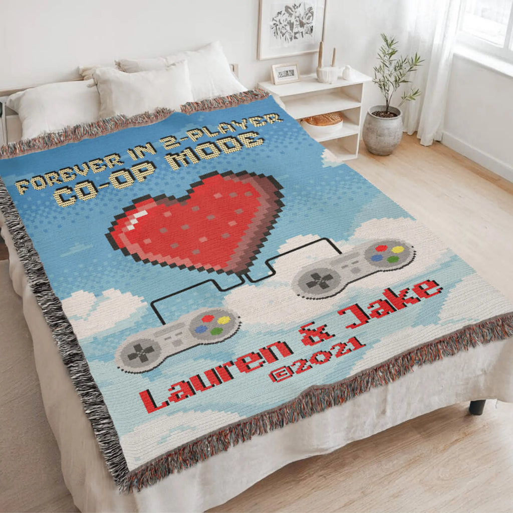 Retro Video Game Woven Blanket – Personalized 2-Player Co-Op for Couples Printify