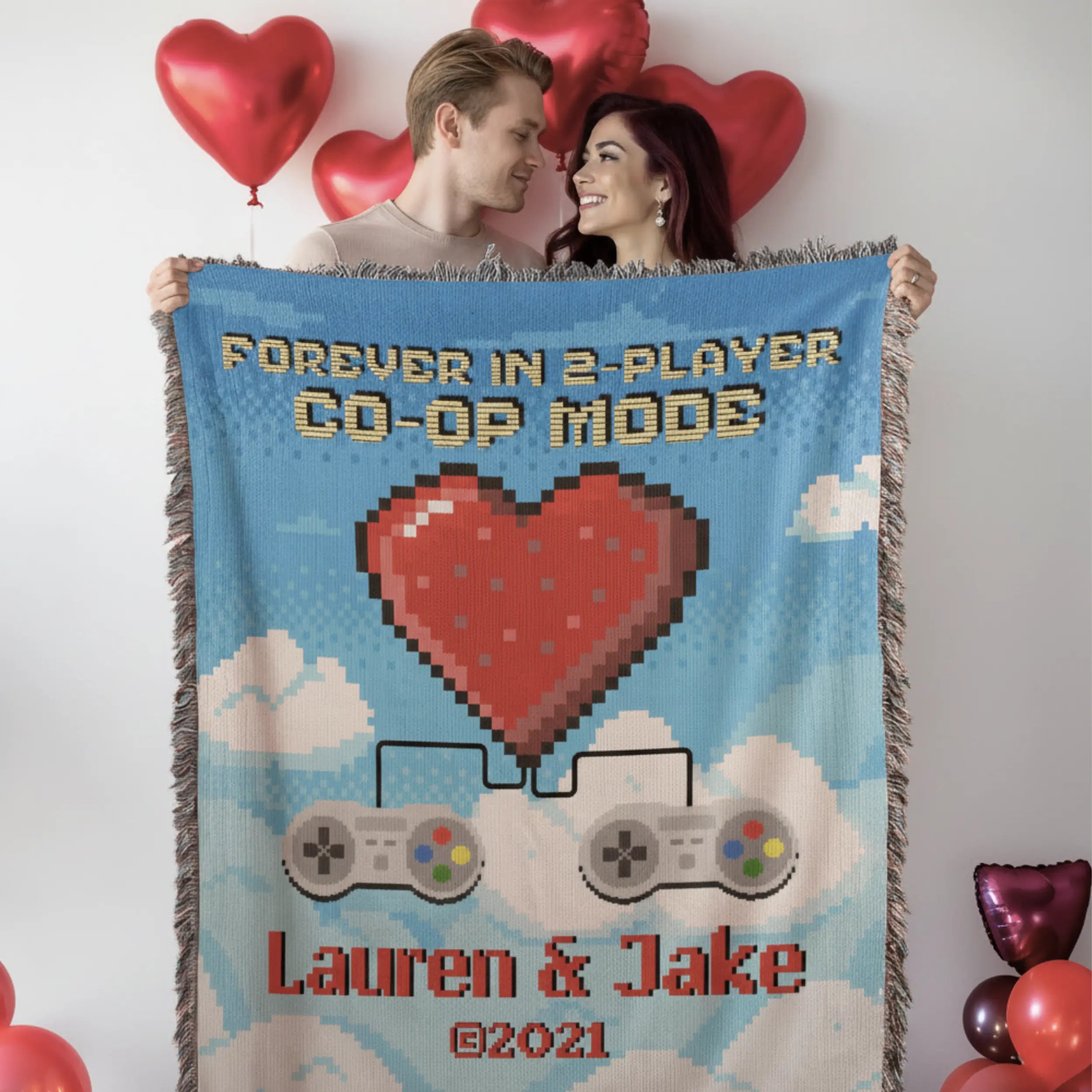 Retro Video Game Woven Blanket – Personalized 2-Player Co-Op for Couples Printify