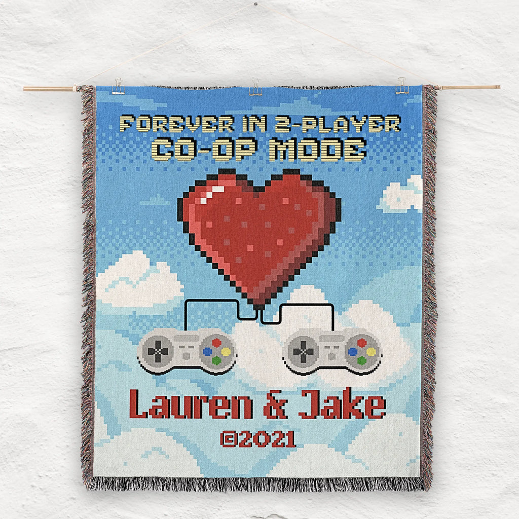 Retro Video Game Woven Blanket – Personalized 2-Player Co-Op for Couples Printify