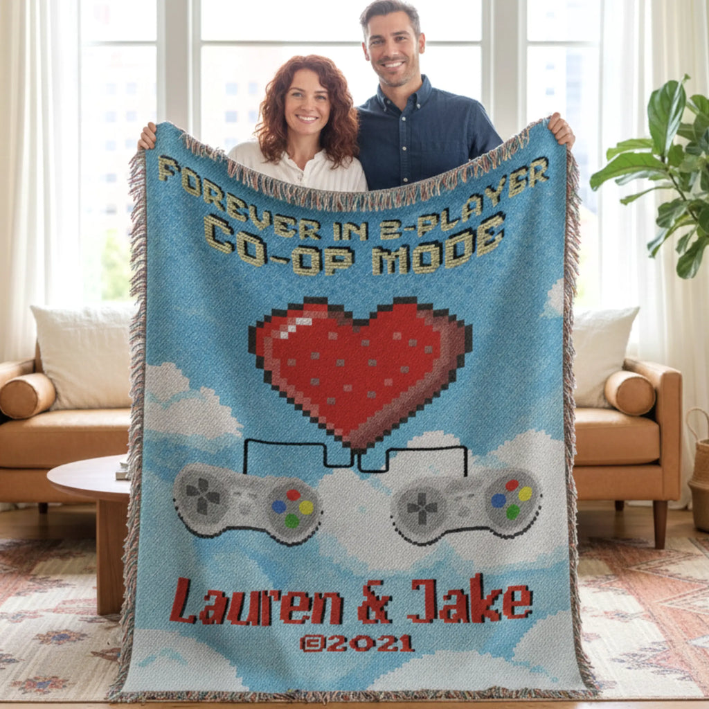Retro Video Game Woven Blanket – Personalized 2-Player Co-Op for Couples Printify
