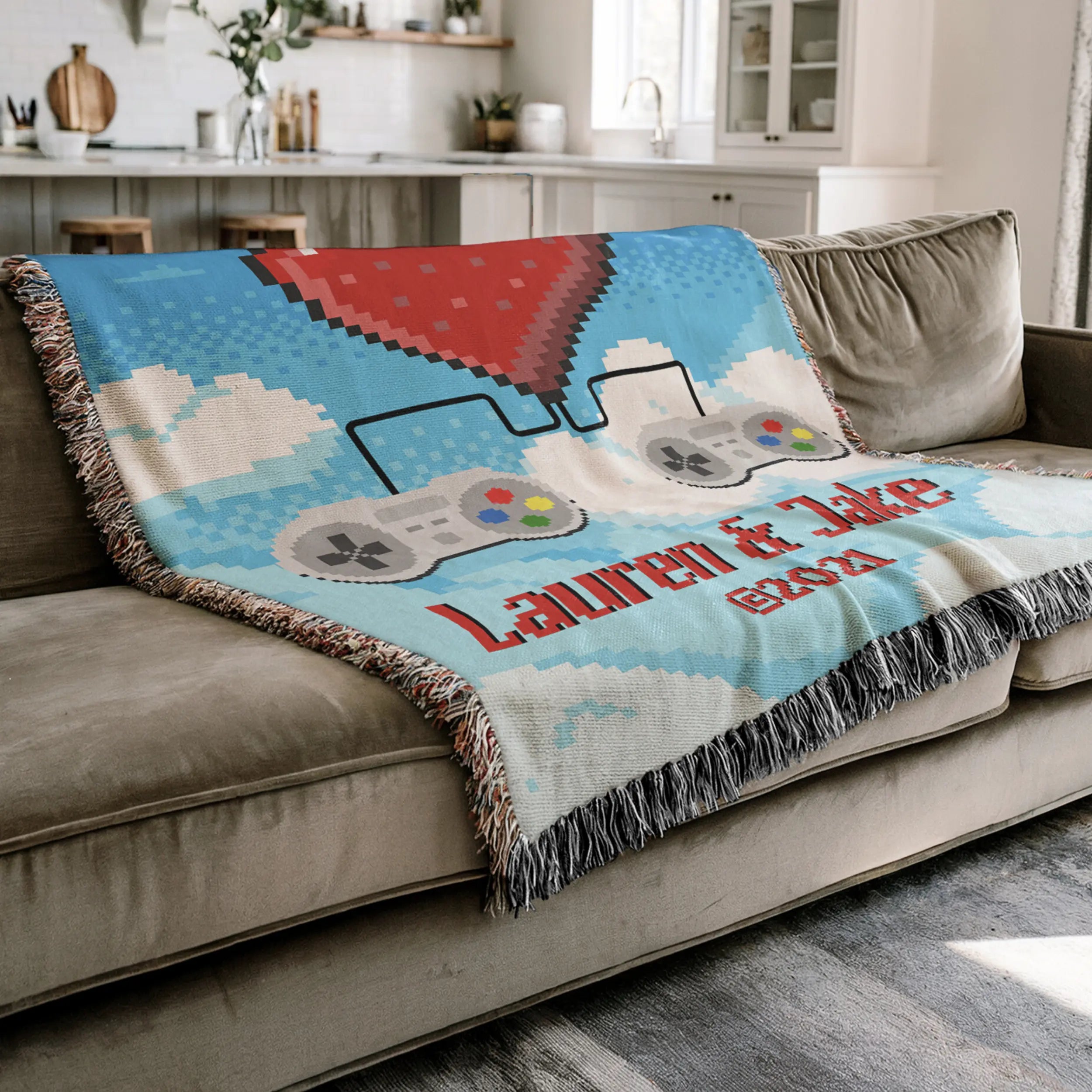 Retro Video Game Woven Blanket – Personalized 2-Player Co-Op for Couples Printify