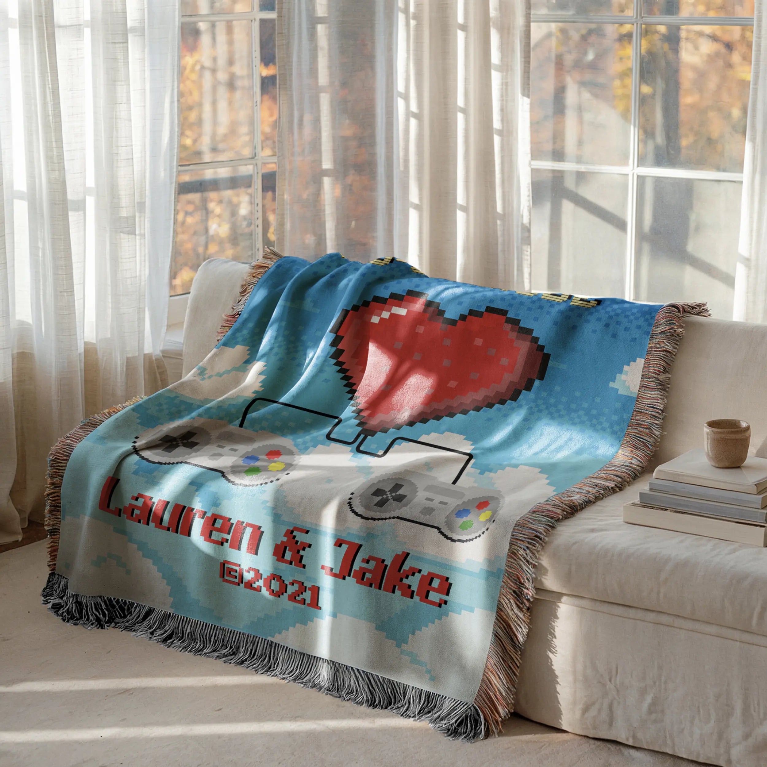 Retro Video Game Woven Blanket – Personalized 2-Player Co-Op for Couples Printify