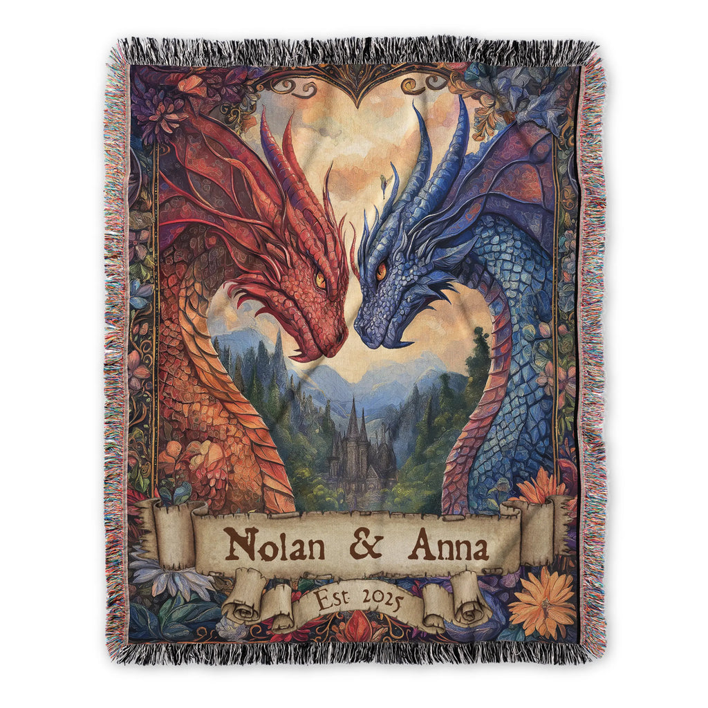 Personalized Dragon Couple Woven Blanket – Custom Names & Date Printify