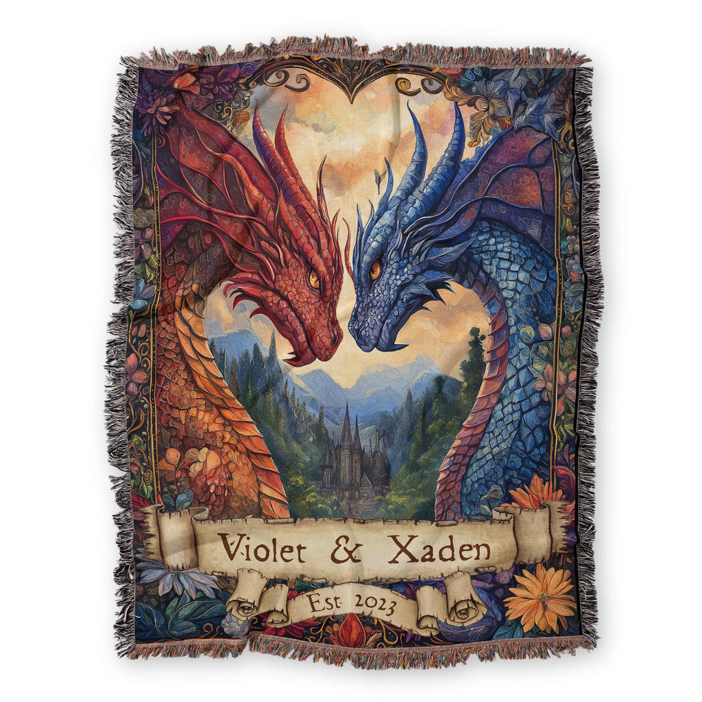 Personalized Dragon Couple Woven Blanket – Custom Names & Date Printify