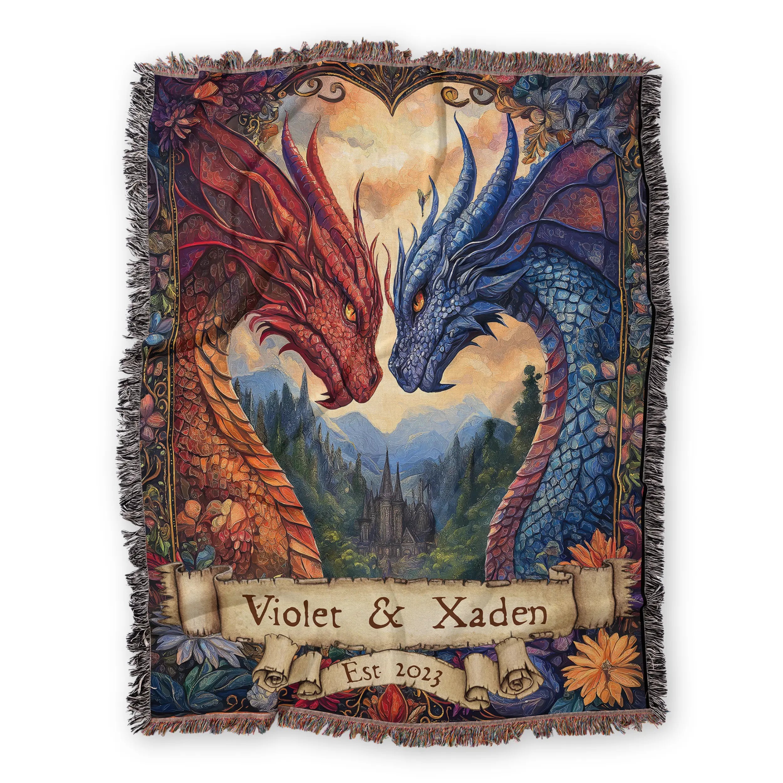 Personalized Dragon Couple Woven Blanket – Custom Names & Date Printify