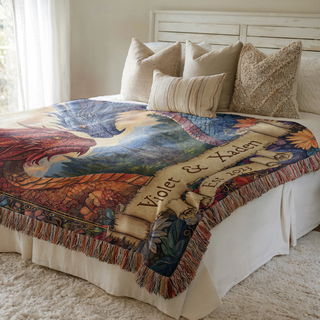 Personalized Dragon Couple Woven Blanket – Custom Names & Date Printify