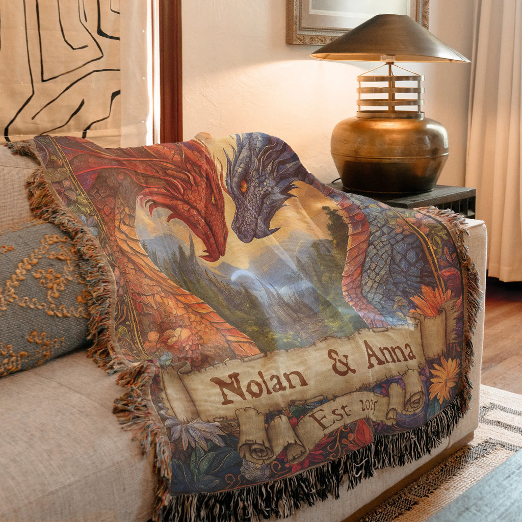 Personalized Dragon Couple Woven Blanket – Custom Names & Date Printify