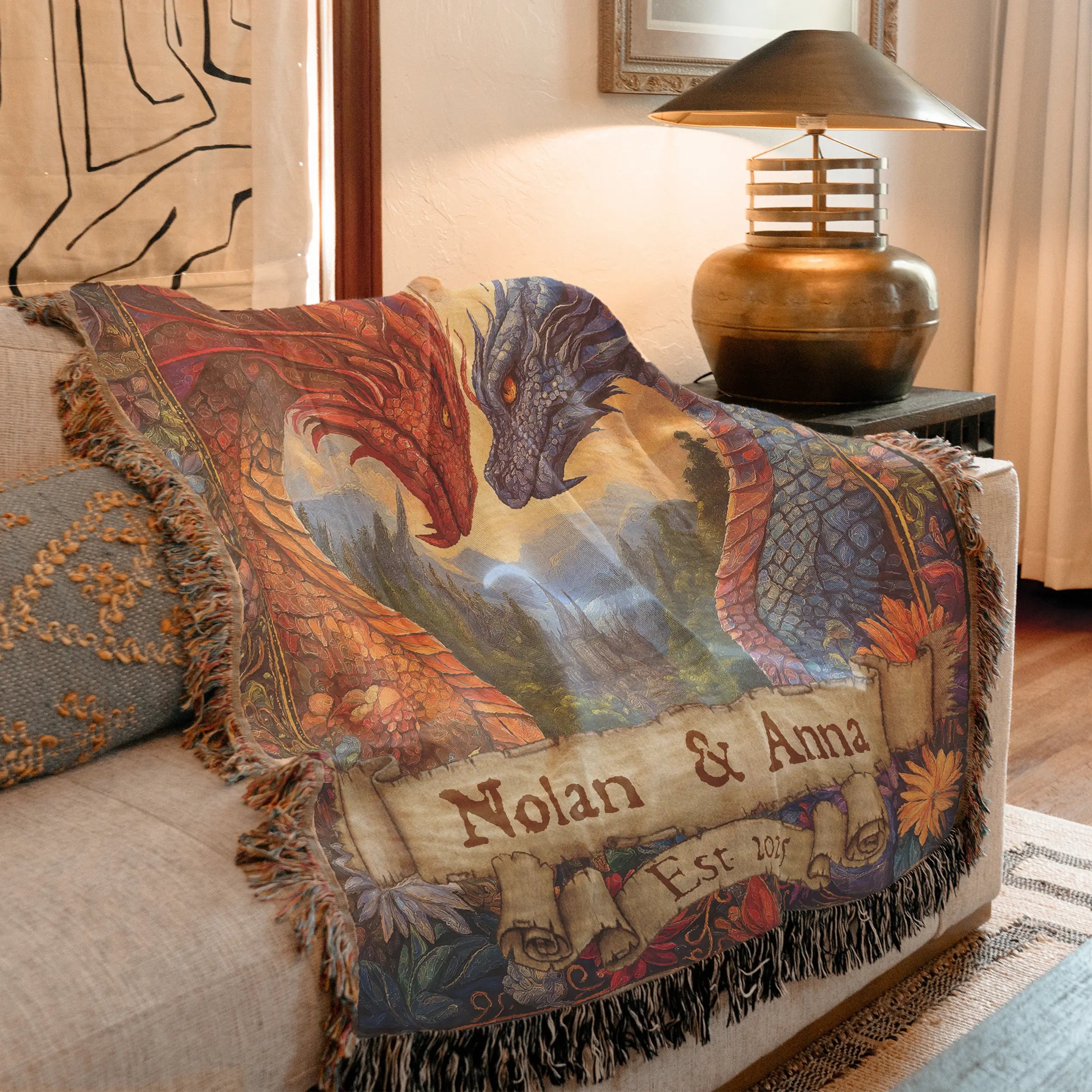Personalized Dragon Couple Woven Blanket – Custom Names & Date Printify