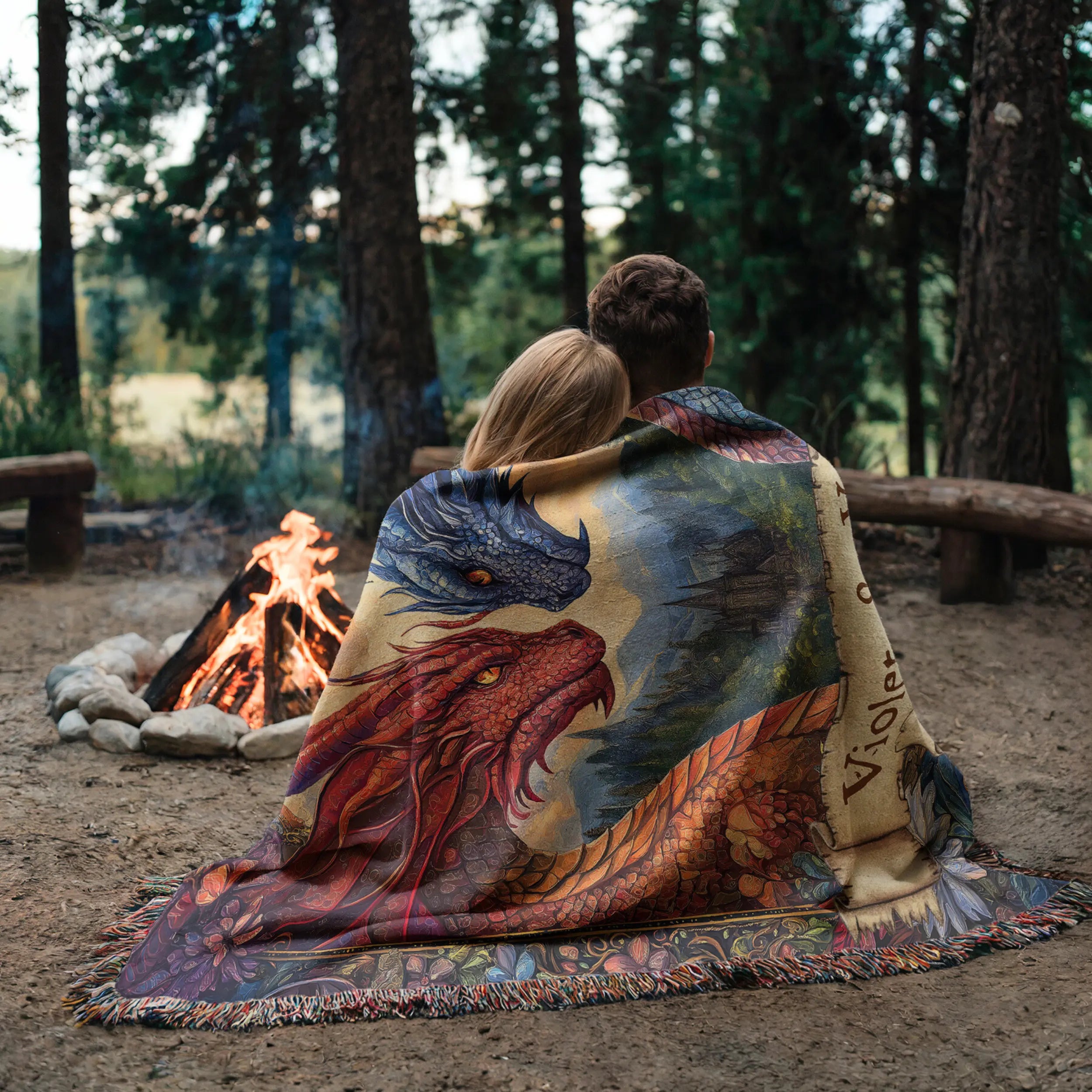 Personalized Dragon Couple Woven Blanket – Custom Names & Date Printify