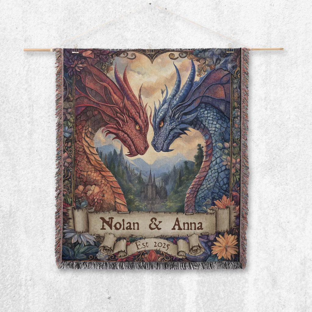 Personalized Dragon Couple Woven Blanket – Custom Names & Date Printify