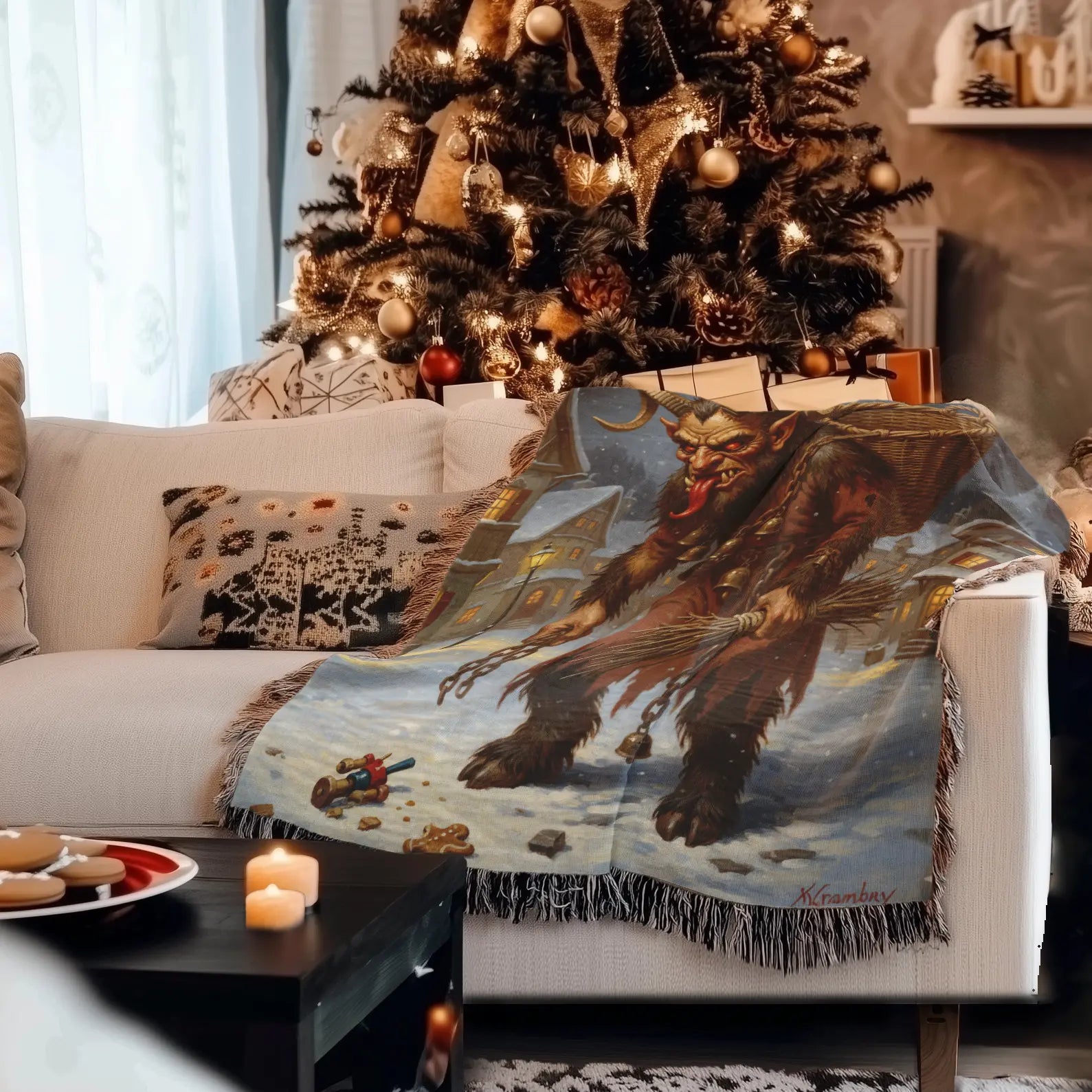 Decorated living room with a Christmas tree, couch, and decorative blanket featuring Krampus.