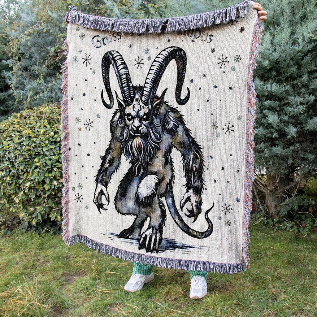 Watercolor Krampus Woven Blanket – Alpine Folklore Holiday Throw Printify