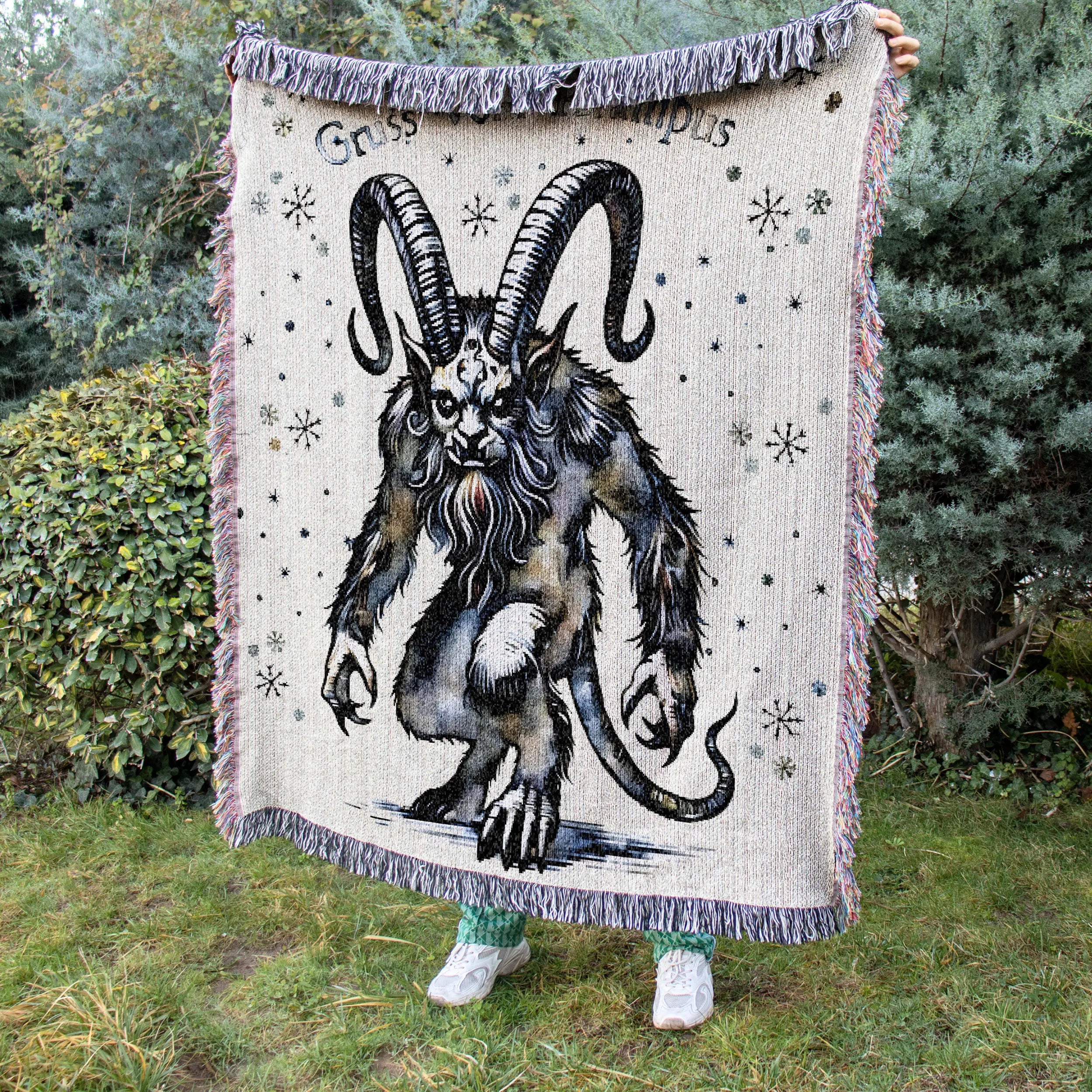 Watercolor Krampus Woven Blanket – Alpine Folklore Holiday Throw Printify
