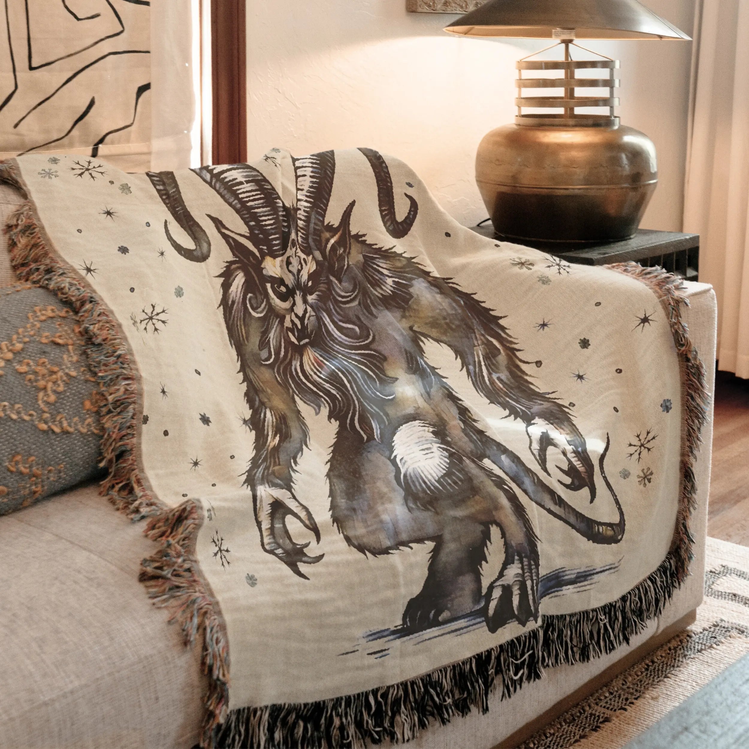 Watercolor Krampus Woven Blanket – Alpine Folklore Holiday Throw Printify