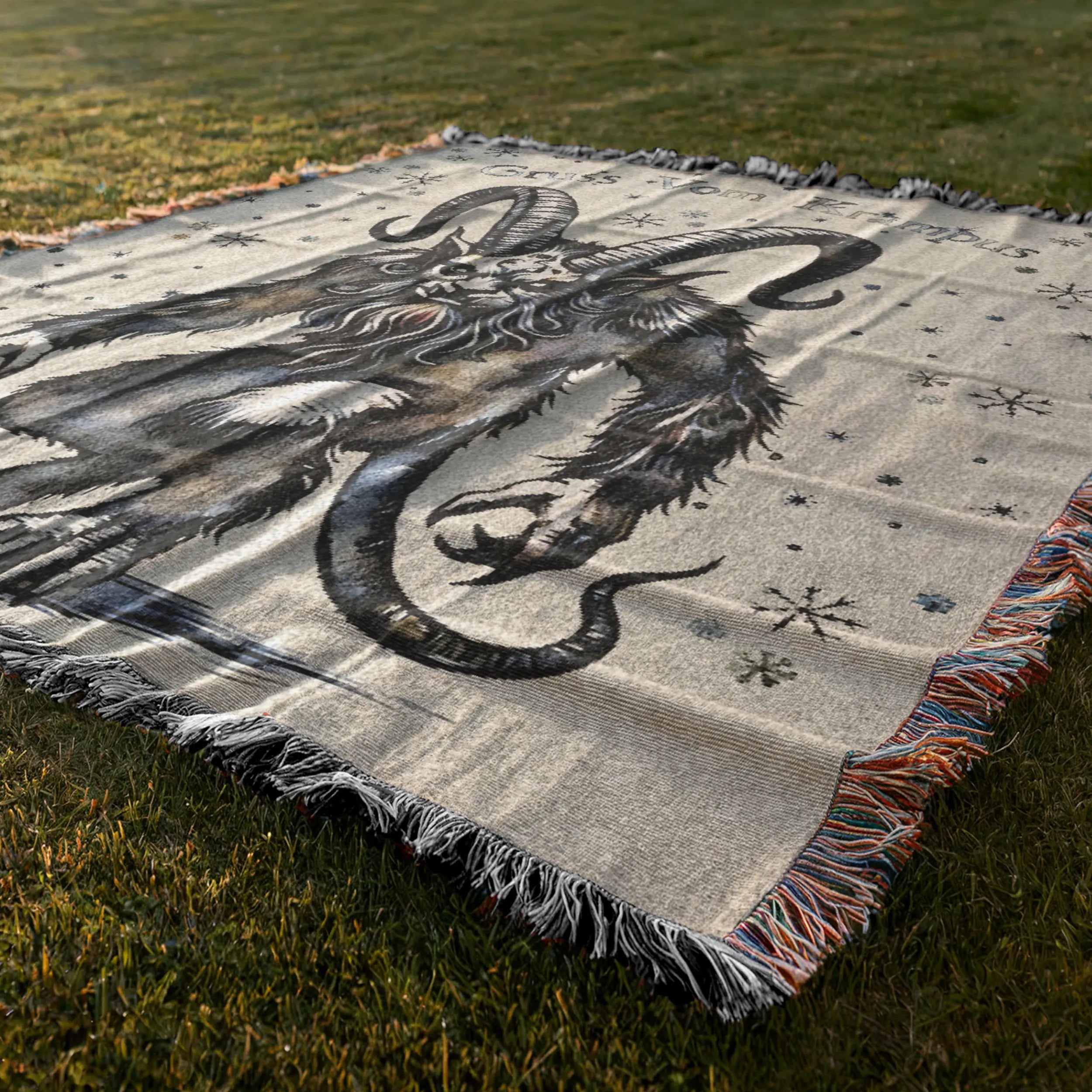 Watercolor Krampus Woven Blanket – Alpine Folklore Holiday Throw Printify