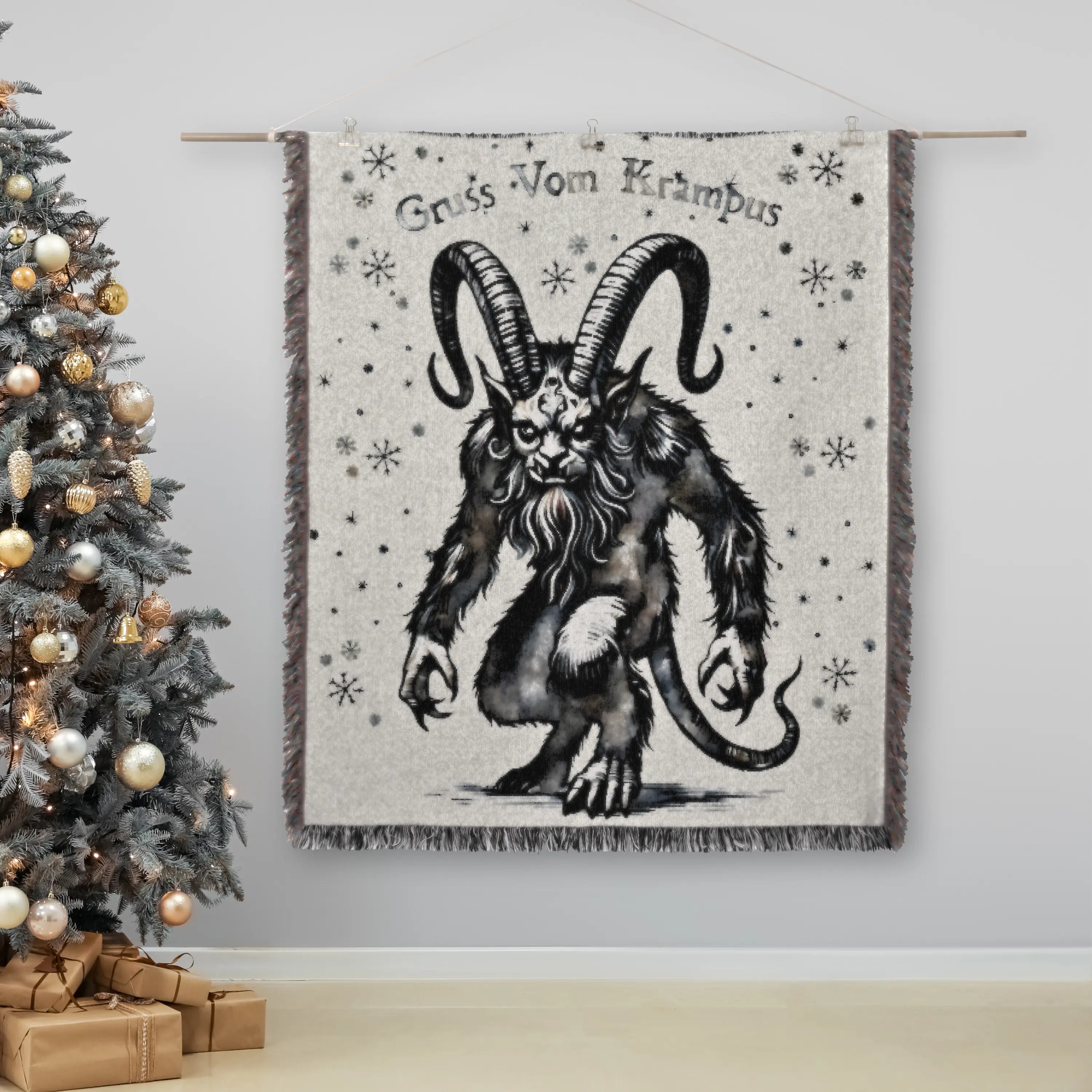 Watercolor Krampus Woven Blanket – Alpine Folklore Holiday Throw Printify