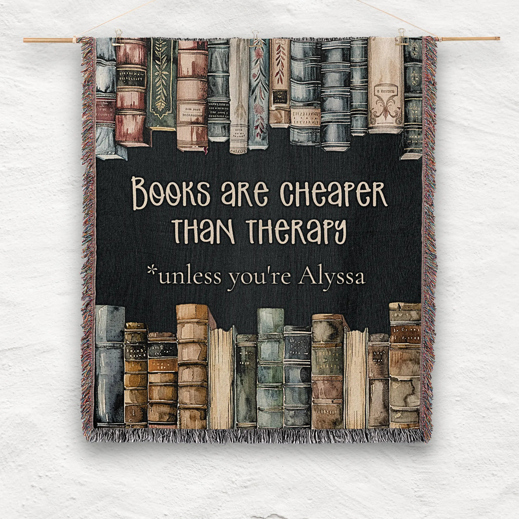 Book Blanket – Personalized 'Books Are Cheaper Than Therapy' Woven Throw Printify