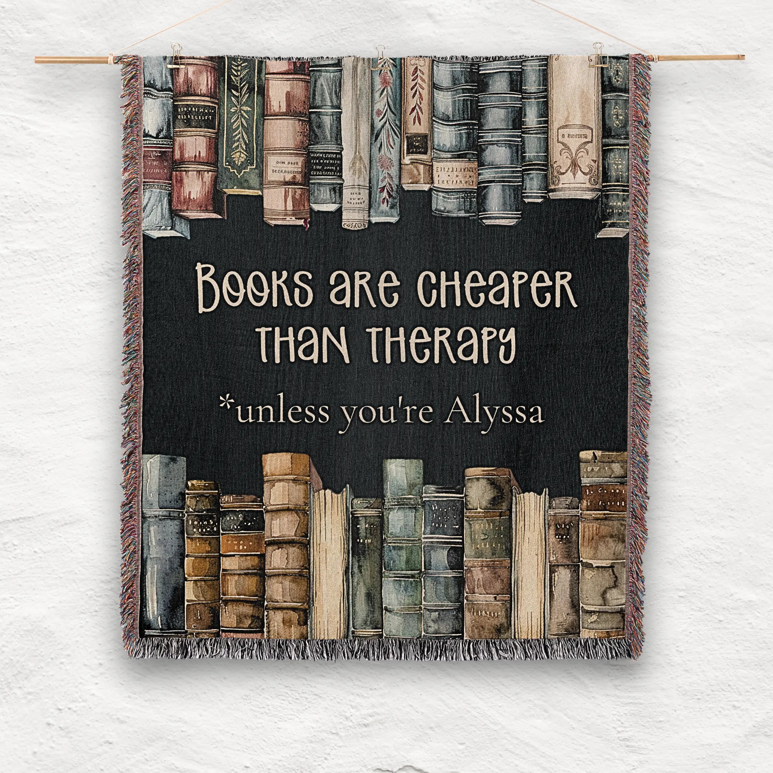 Book Blanket – Personalized 'Books Are Cheaper Than Therapy' Woven Throw Printify