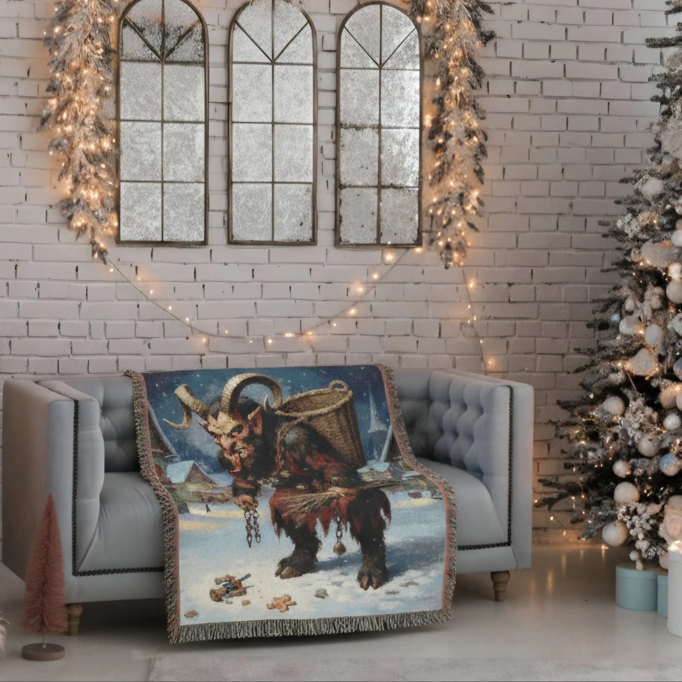 Krampus woven blanket in a Decorated living room with Christmas trees, wreath, and festive decor.